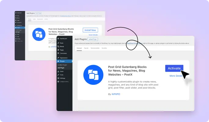Screenshots showcasing the installation and activation process of PostX.
