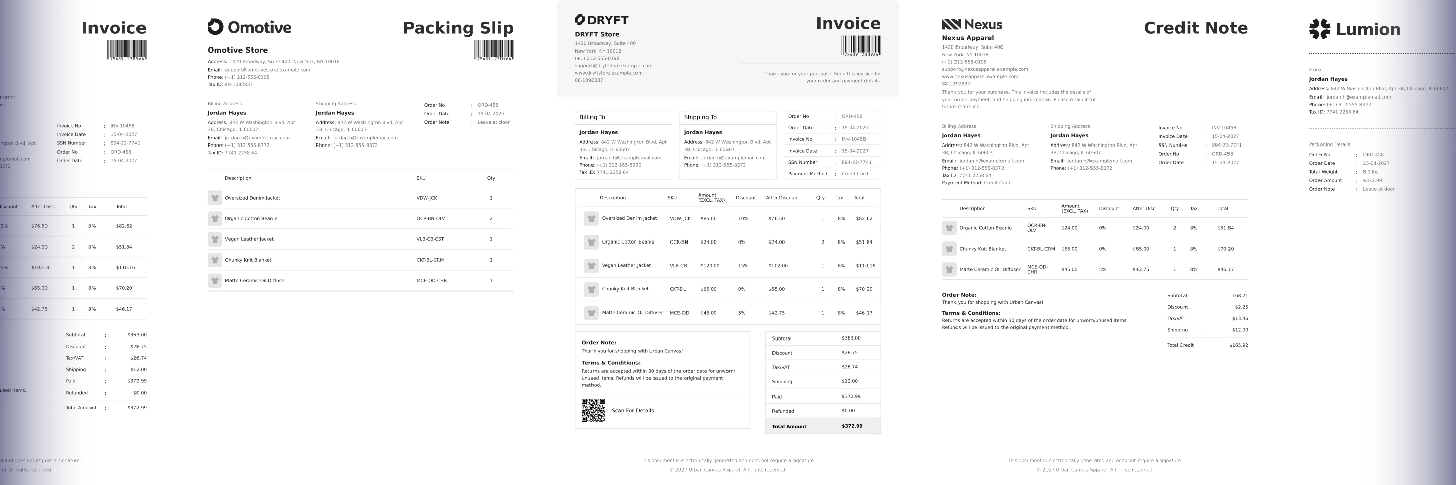 Screenshot showcasing multiple pre-made templates for invoices, packing slips, and credit notes.