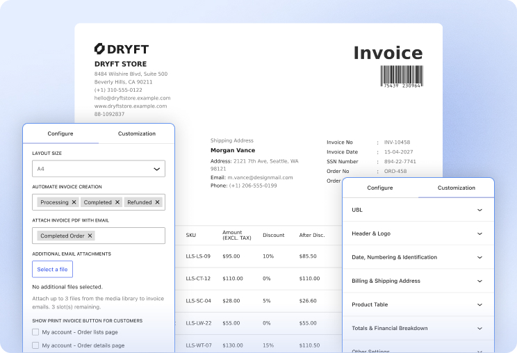 Image showcasing configuration and customization options for a PDF invoice.