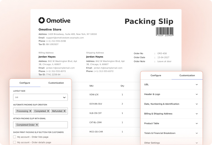 Illustration of a packing slip builder and its settings panel.