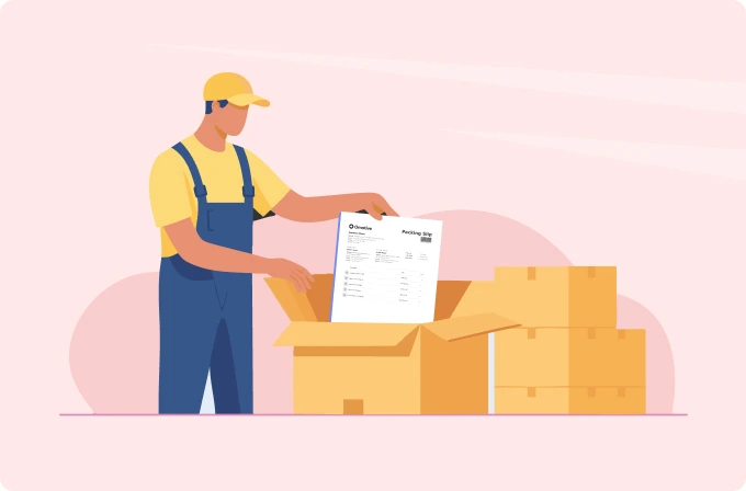 A warehouse staff member including a packing slip in the delivery package.