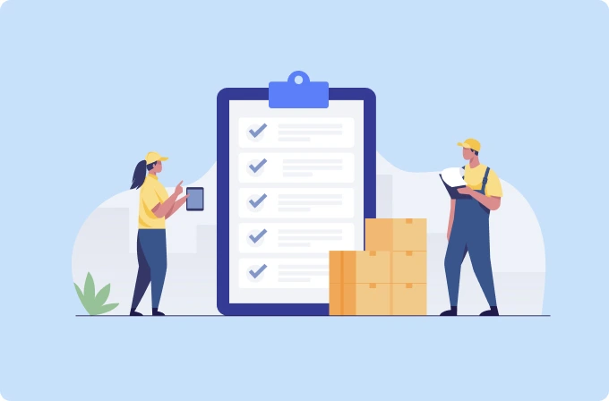 A large checklist, delivery boxes, and warehouse staffs.