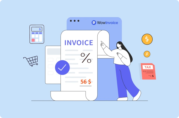 Illustration of a large invoice showing the total amount, percentage, tax, and a calculator.