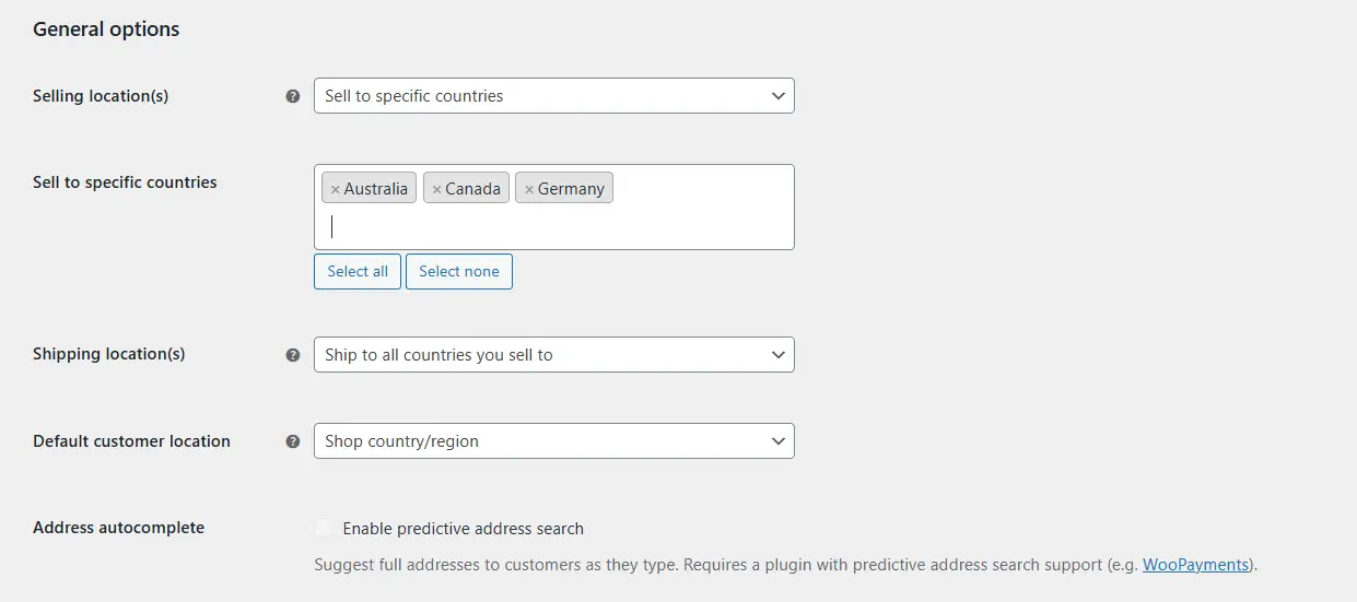 Selecting specific countries in WooCommerce to sell