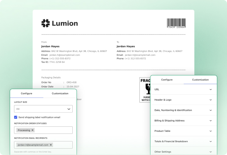 WowInvoice interface showing an example shipping label with configuration options.