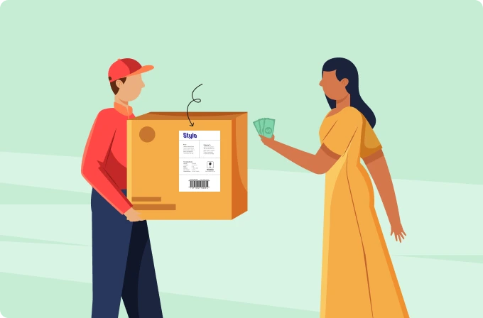 A delivery person handing a package to a customer, with a shipping label on the parcel.