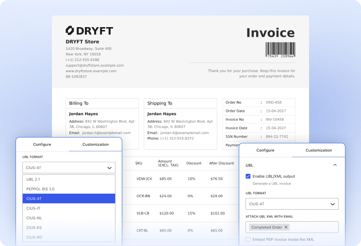 Screenshots showcasing how to enable and select the UBL invoice format.