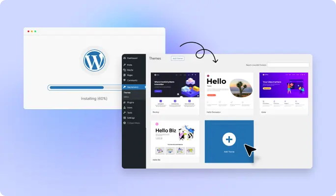 Simulation of installing WordPress and a theme.