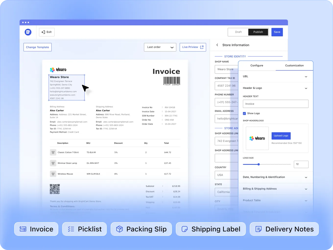 Simulation of the WowInvoice PDF invoice builder interface, demonstrating how to add a logo and store information.