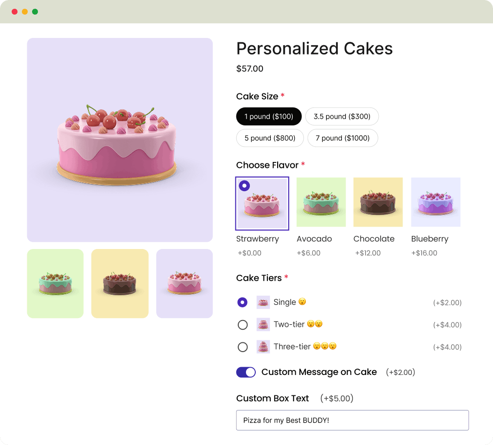 Personalized cake with selectable size, flavor, tiers, and custom box text