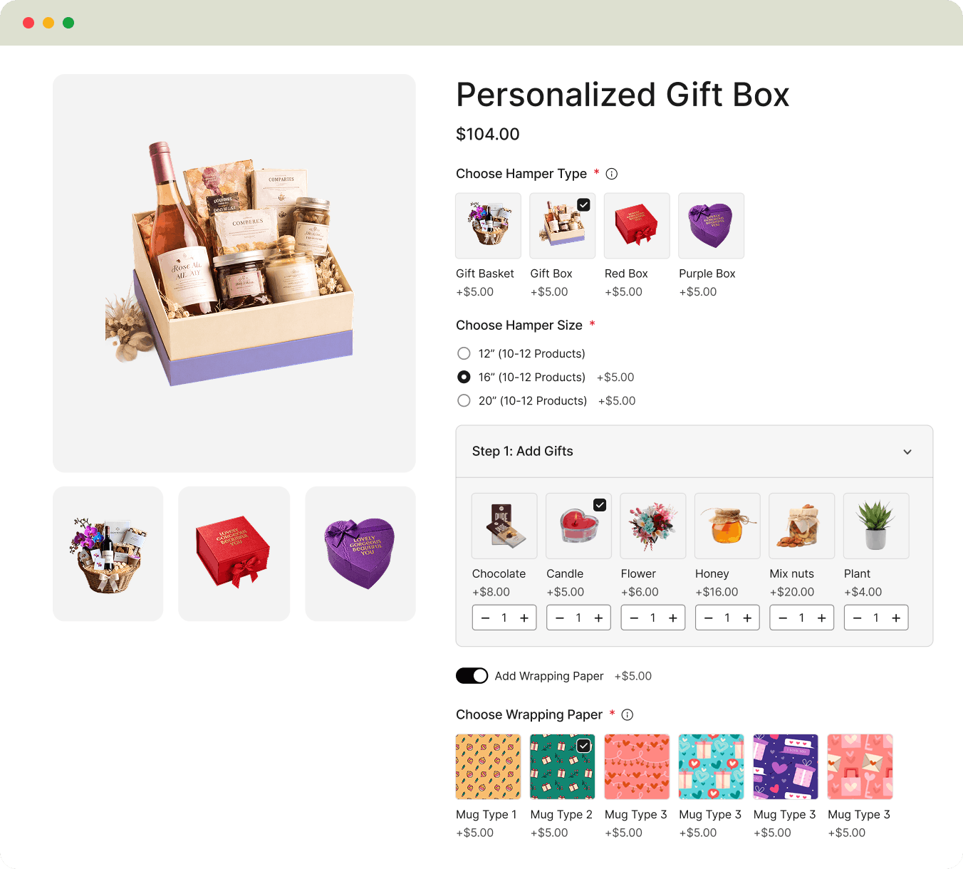 Personalized gift box with hamper type, size, add-on gifts, and wrapping paper options