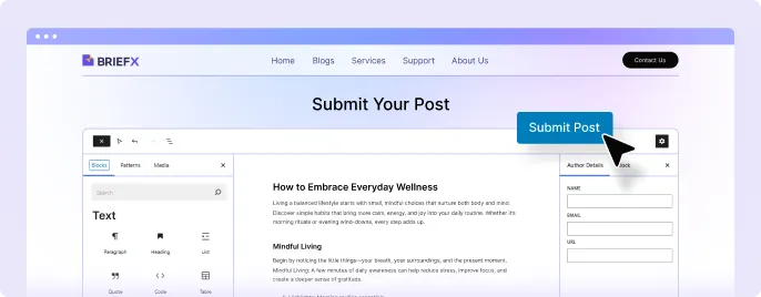 Front-end view of a webpage showcasing writing and submitting an article.