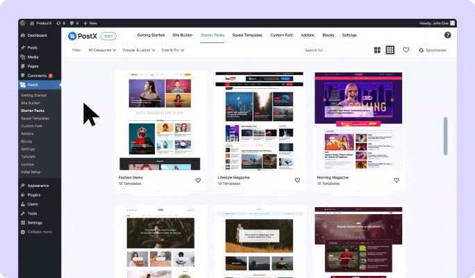 Animation of importing a ready-made blog website using PostX.