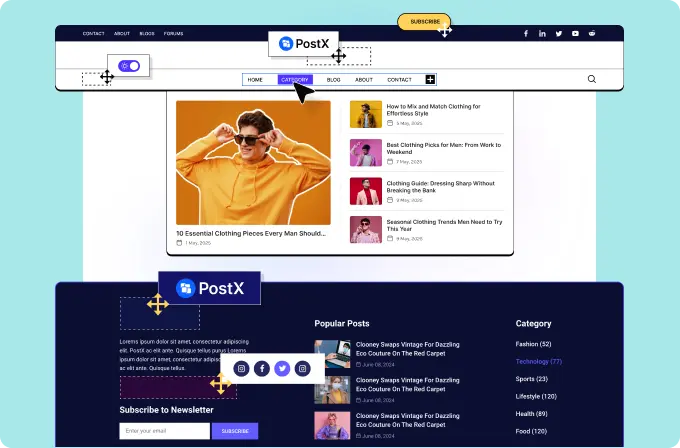 Illustration of configuring a website header, footer, and mega menu layout settings.