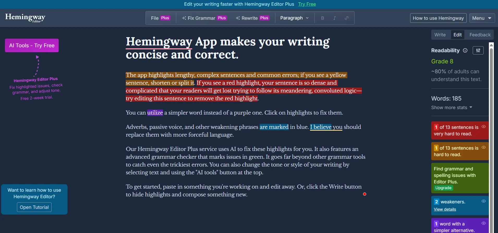 Screenshot of Hemingway Editor that shows sentence readability.