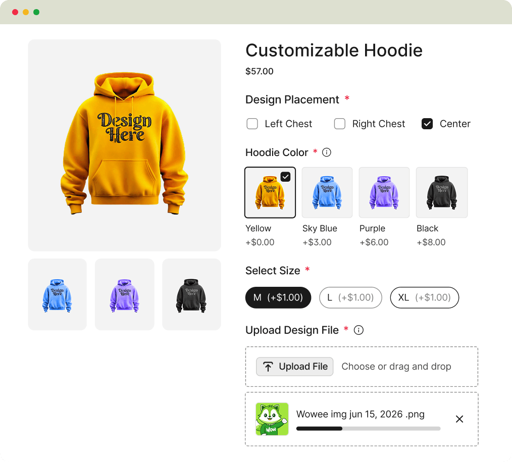 Custom hoodie with color and size selection, design placement options, and file upload