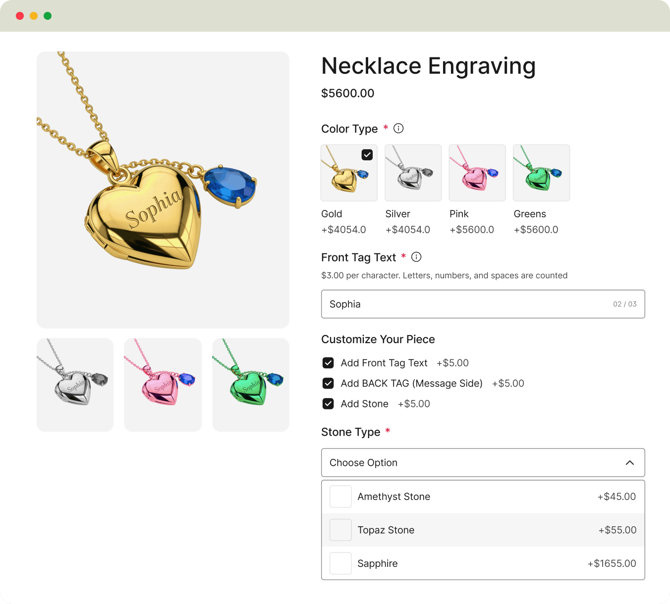Heart-shaped locket necklace with customizable metal color, front and back engraving, and optional gemstone