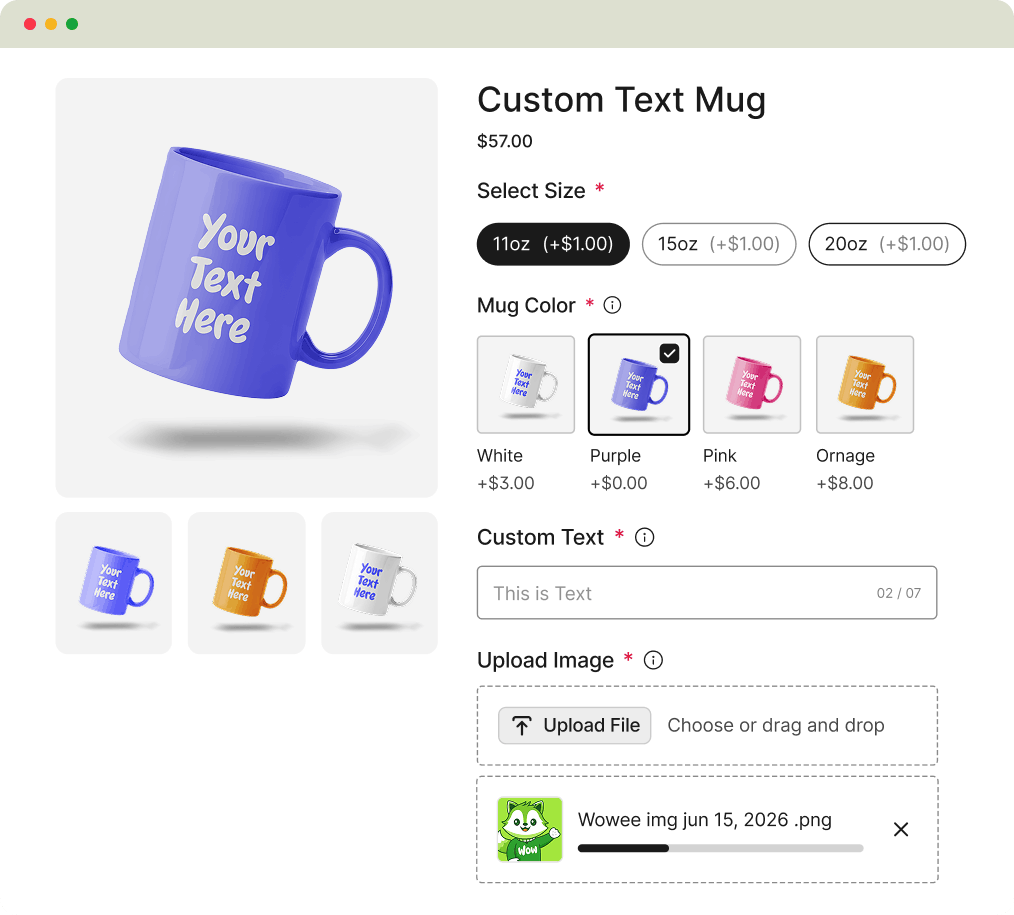 Custom mug with color and size options, text field, and image upload area
