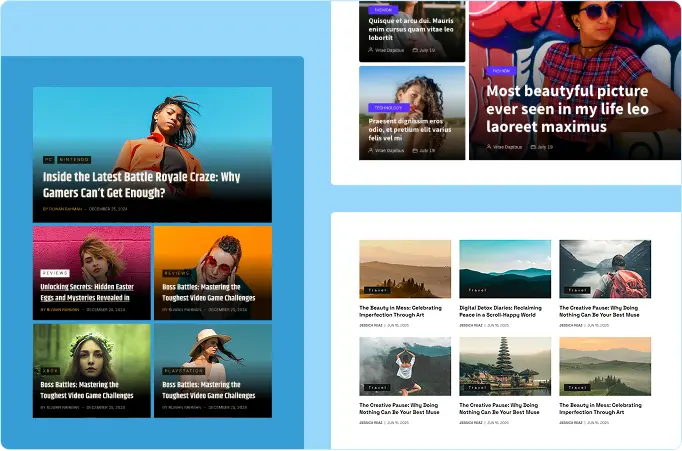 Image showcasing three different variations of post grid layouts.