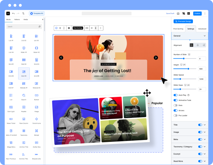 Interface of PostX blog website builder showcasing a large hero slider and blog post sections.