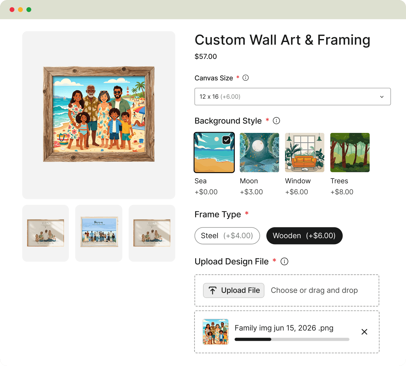 Custom wall art with canvas size selection, background styles, frame options, and design upload