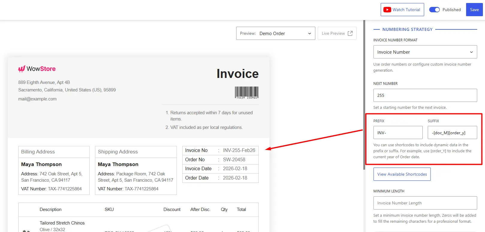 Adding prefix and suffix to the invoice numbers showing on the demo invoice