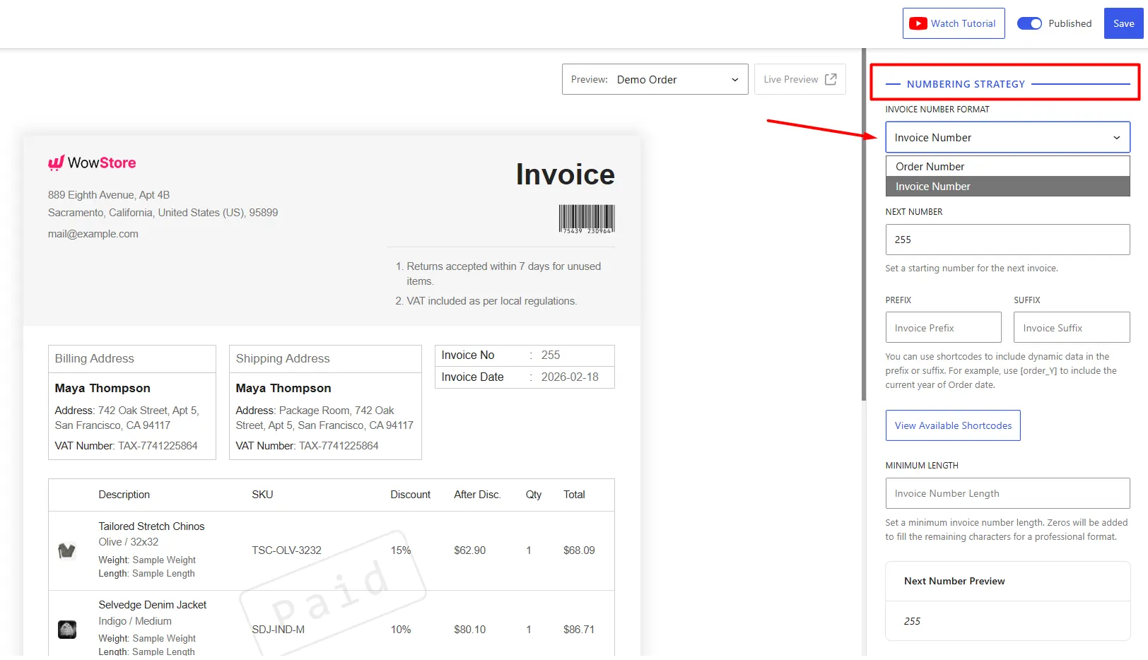 Choosing invoice number format from the invoice builder