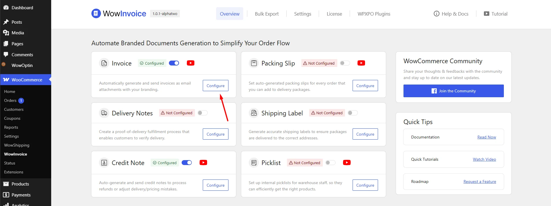 Clicking on the Invoice configure button