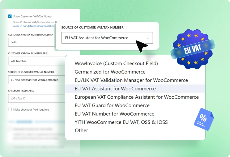 WowInvoice interface image showcasing how EU VAT numbers are displayed on WooCommerce invoices.