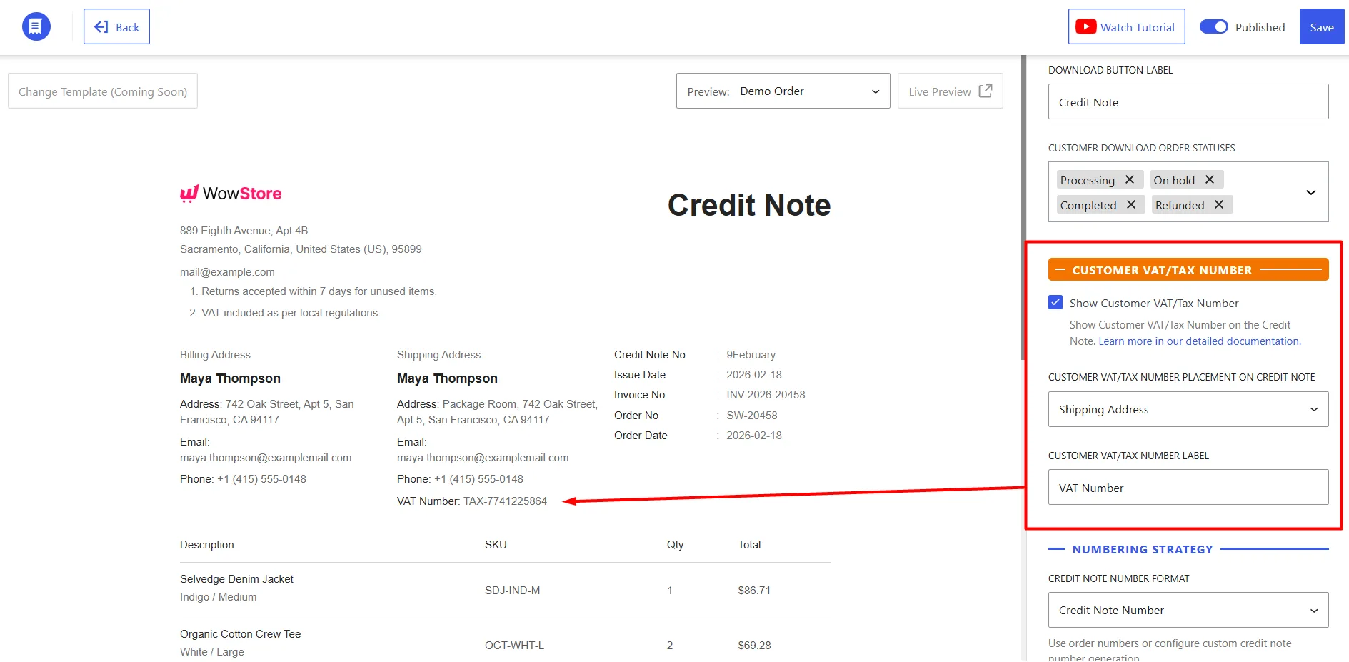 Enabled the option to display customer VAT or Tax Number on Credit Notes