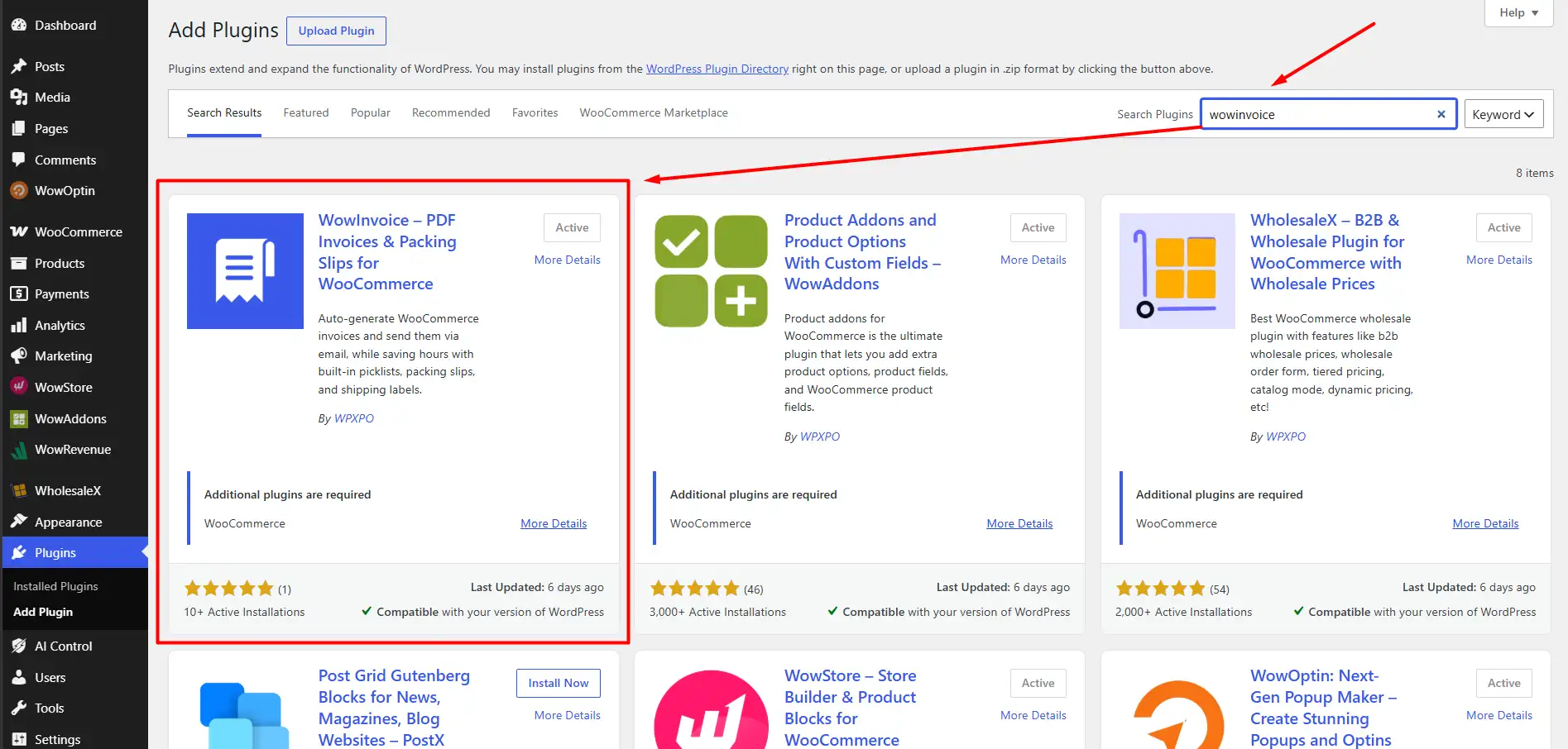 Installing and activating WowInvoice from WordPress Repository