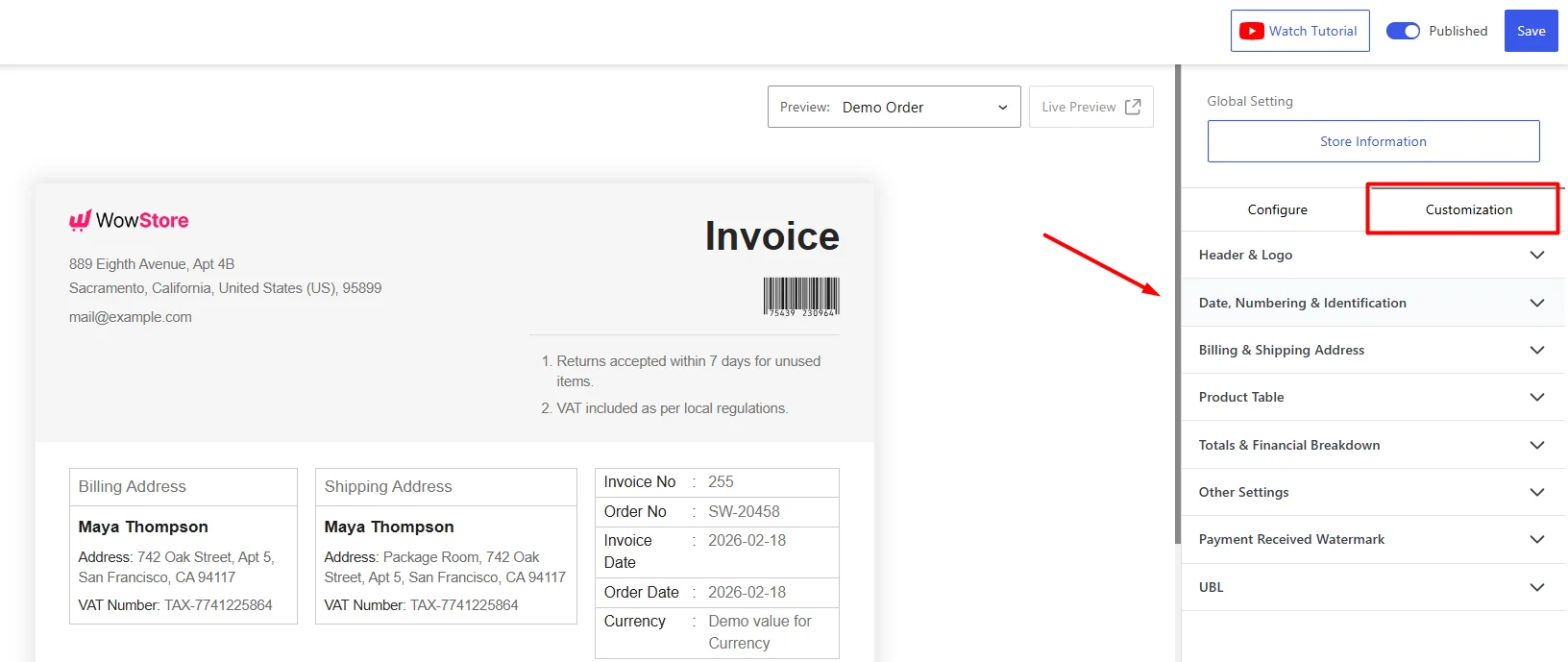 Navigating to the Date, Numbering, & Identification section from customization tab from the Invoice builder