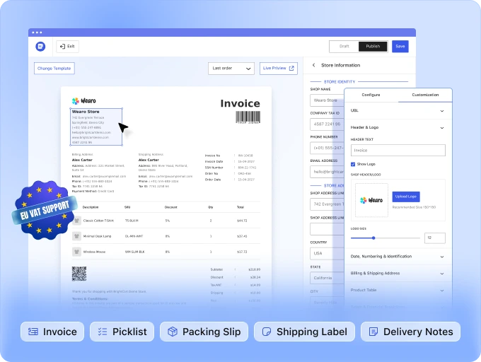 Simulation of the WowInvoice PDF invoice builder interface, demonstrating how to automatically generate EU VAT-compliant invoices in WooCommerce.