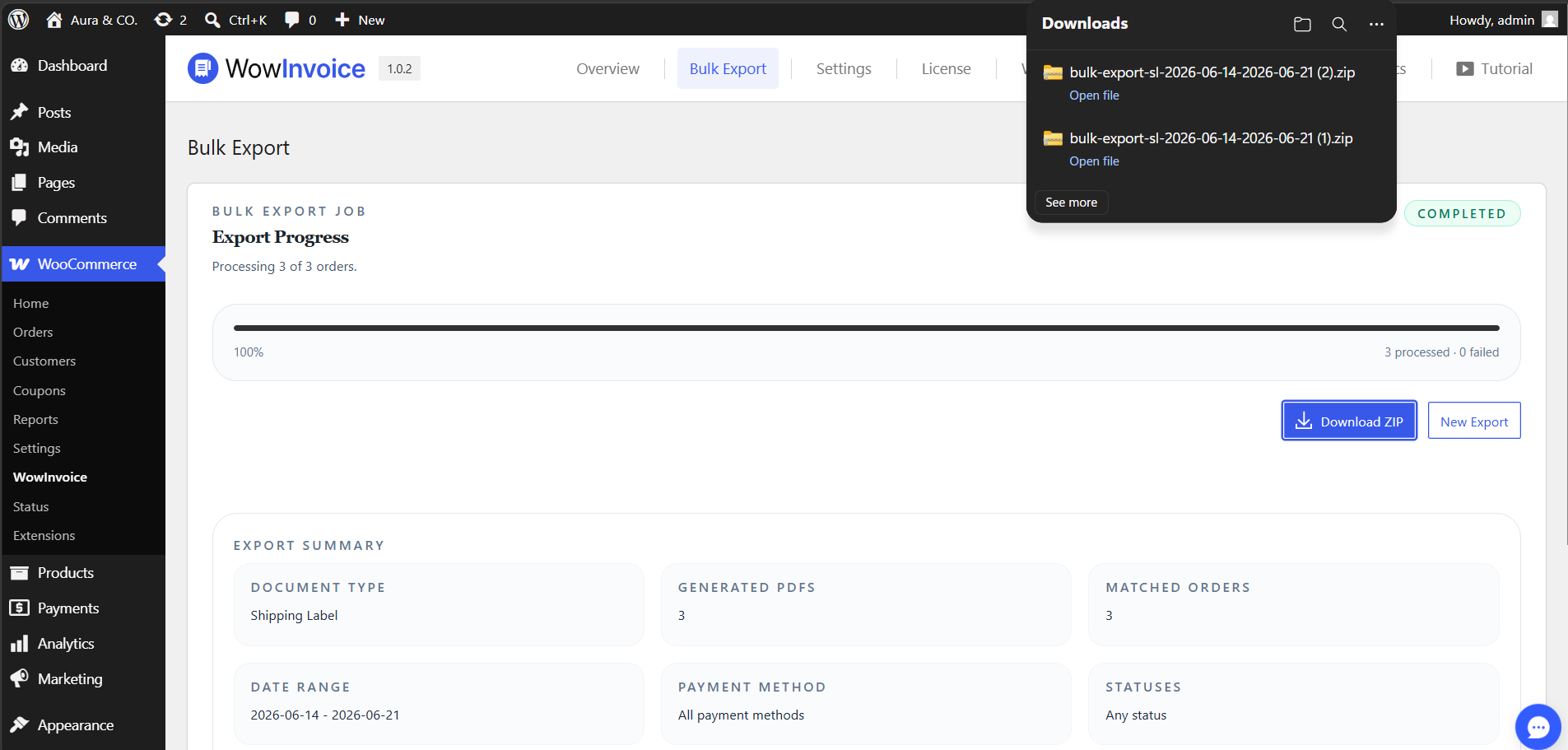 Completed bulk export progress dashboard and download interface for WowInvoice 