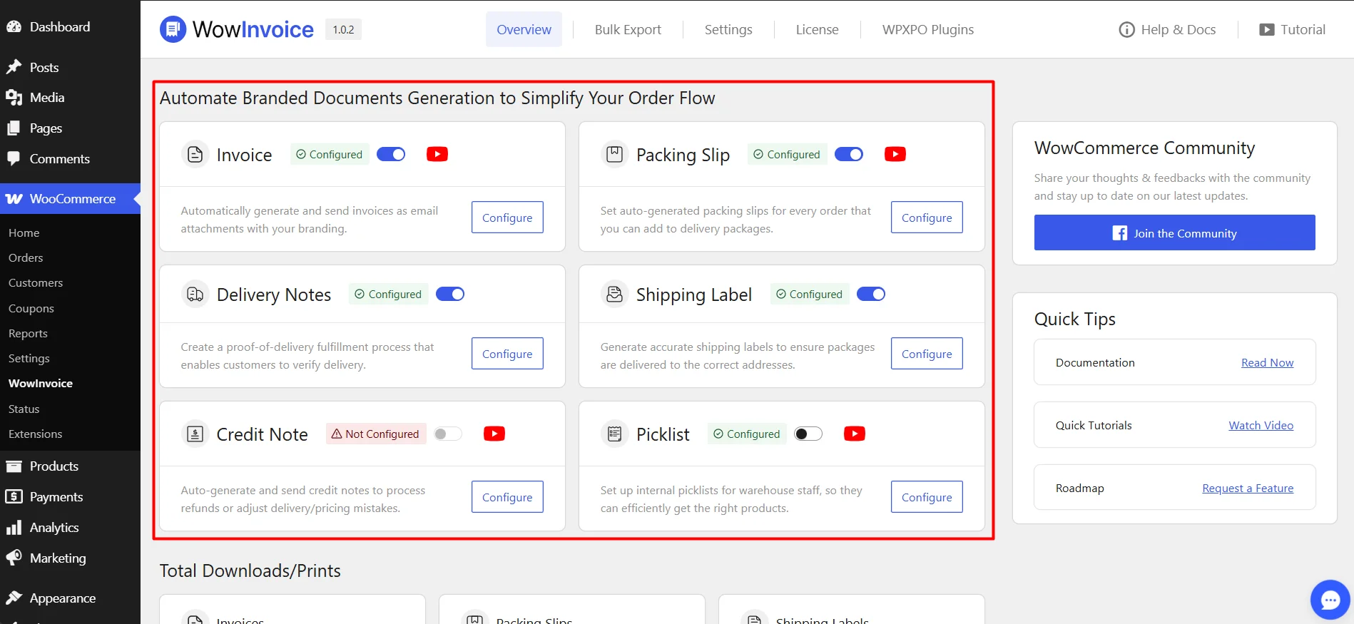 A screenshot of the WowInvoice plugin dashboard highlighting a section with configuration cards for various document types.