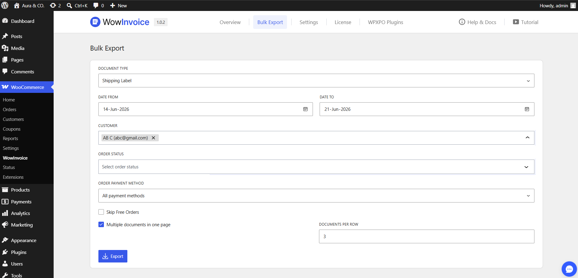 Screenshot displaying Bulk export setting including document type, date range, and customer filter options for wowinvoice plugin backend.