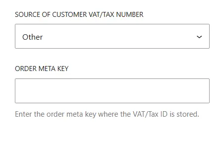 Selected the option Other as a VAT number source and a field appeared for adding the order meta key