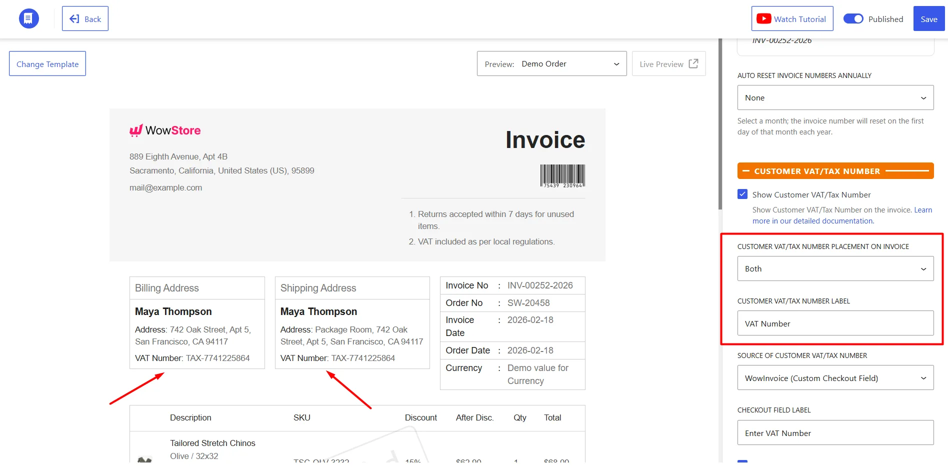 Selecting where to display the VAT number on billing or shopping address or both