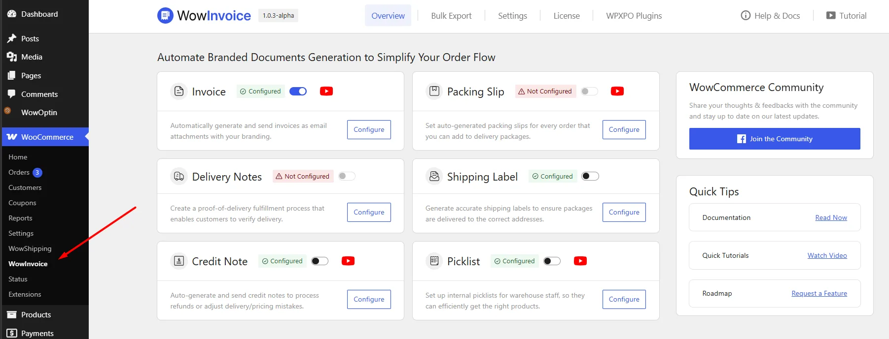 Showing WowInvoice submenu and dashboard under the WooCommerce menu
