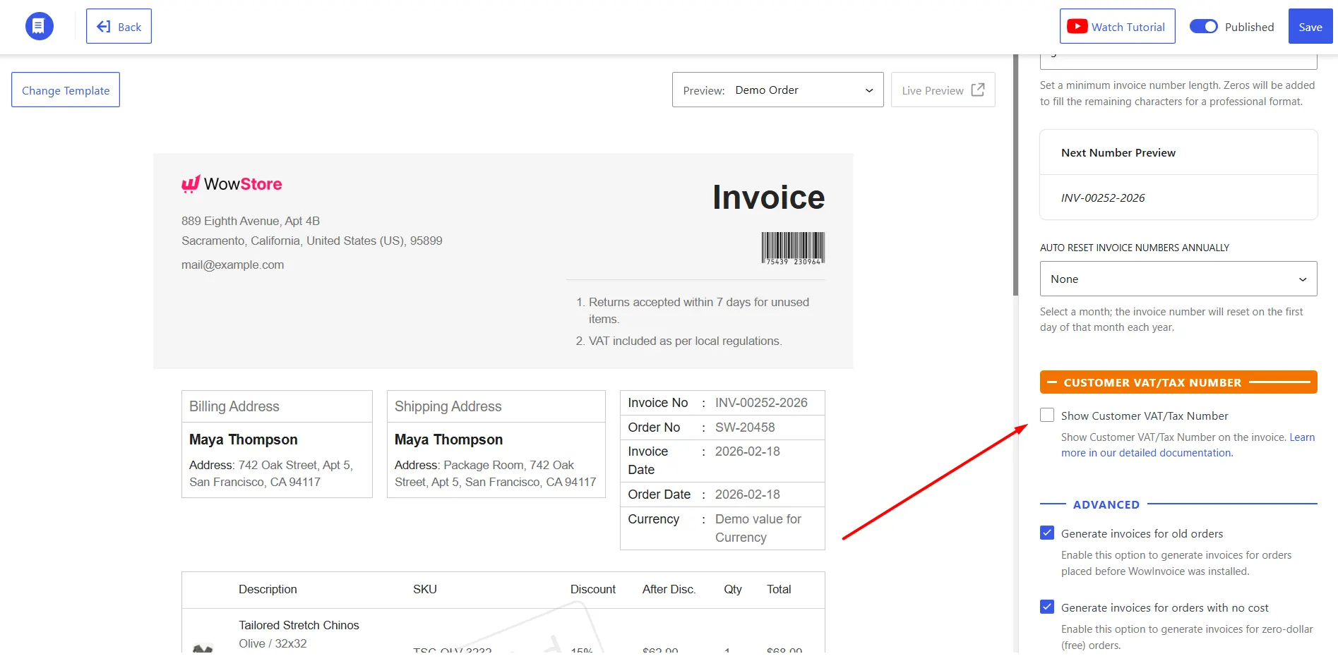 Showing the field in the WowInvoice plugin from where user can enable displaying cutomer VAT or Tax number