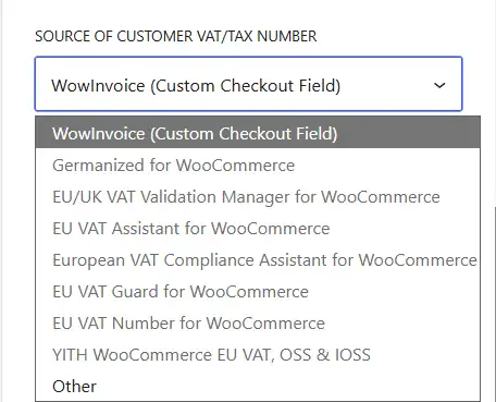 Showing the source list of customer VAT number