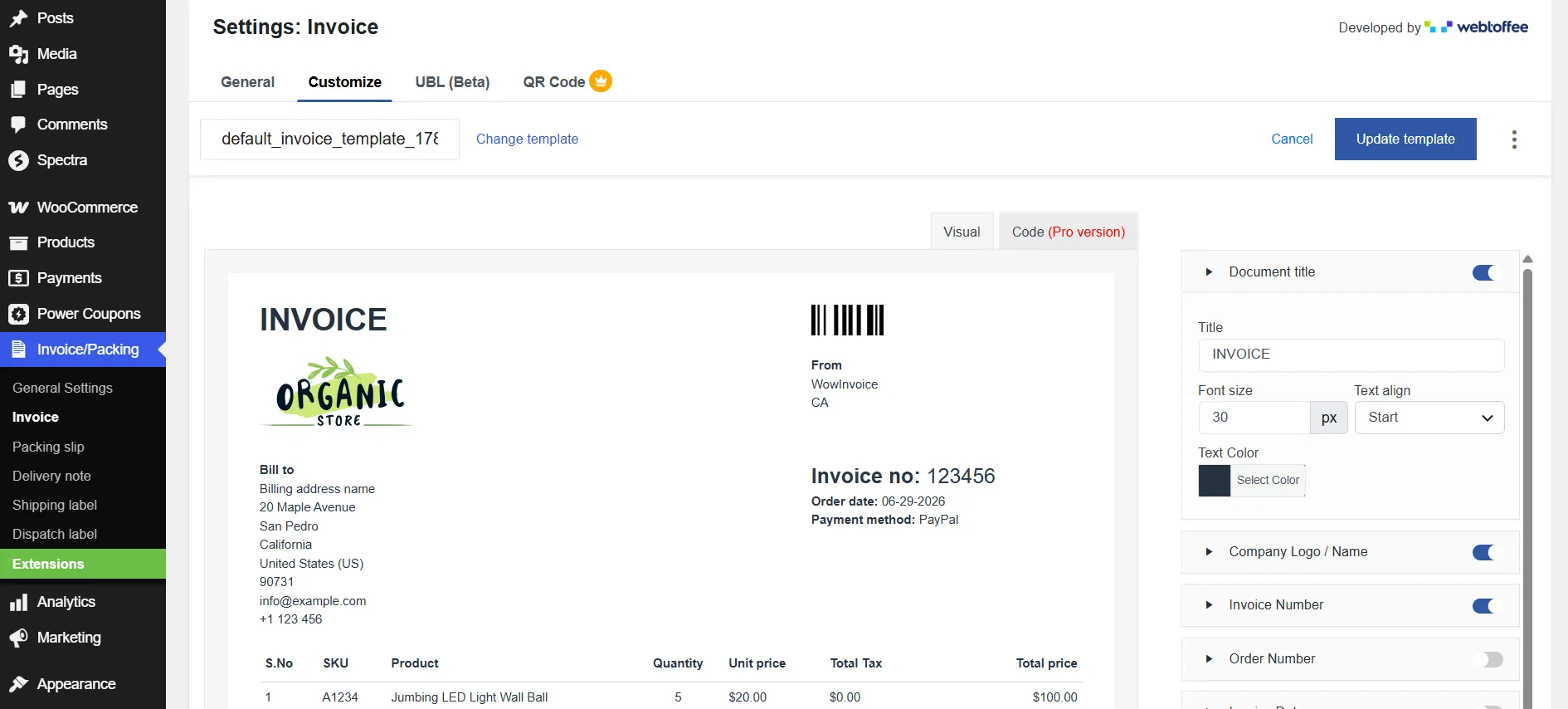 WebToffee invoice builder user interface