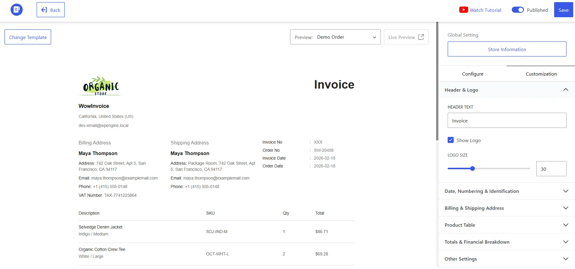 WowInvoice invoice builder user interface
