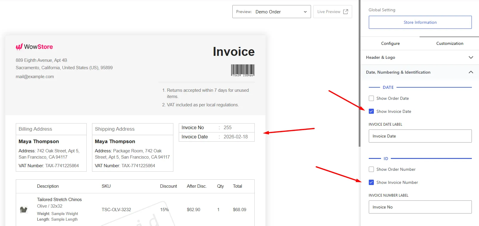 enabling invoice date and invoice number display in invoice