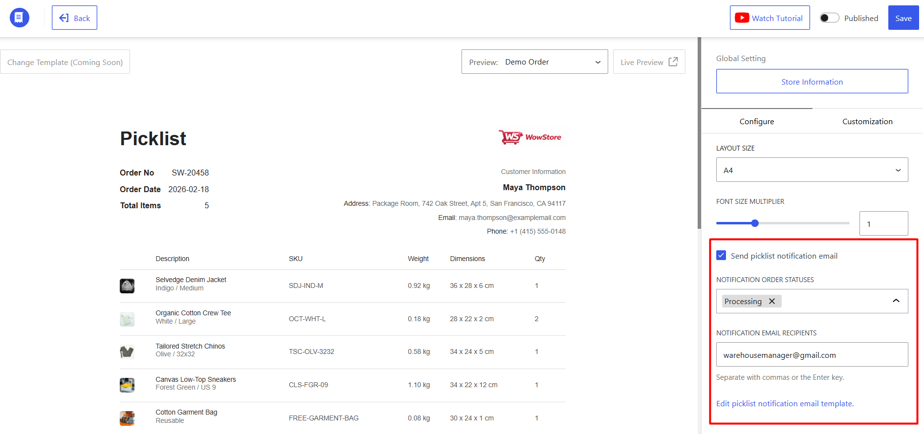 Screenshot of WowInvoice helping set up woocommerce picklist notification email