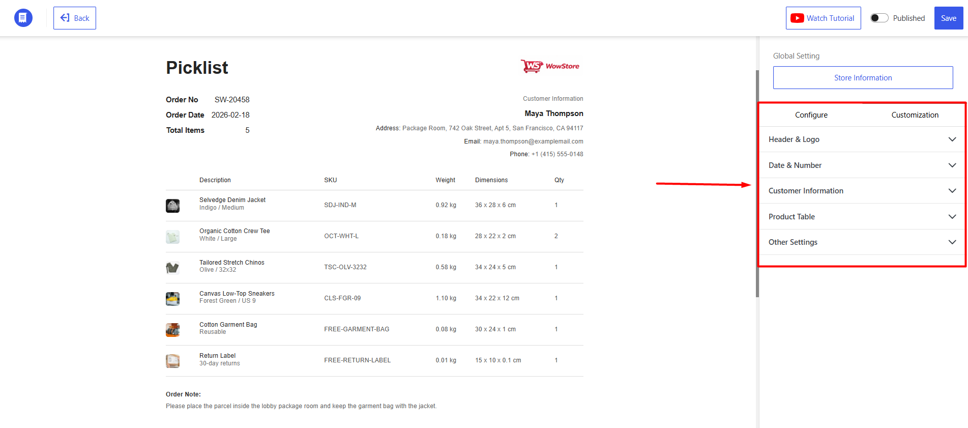 Screenshot of enhanced customization options for Picklist provided by WowInvoice