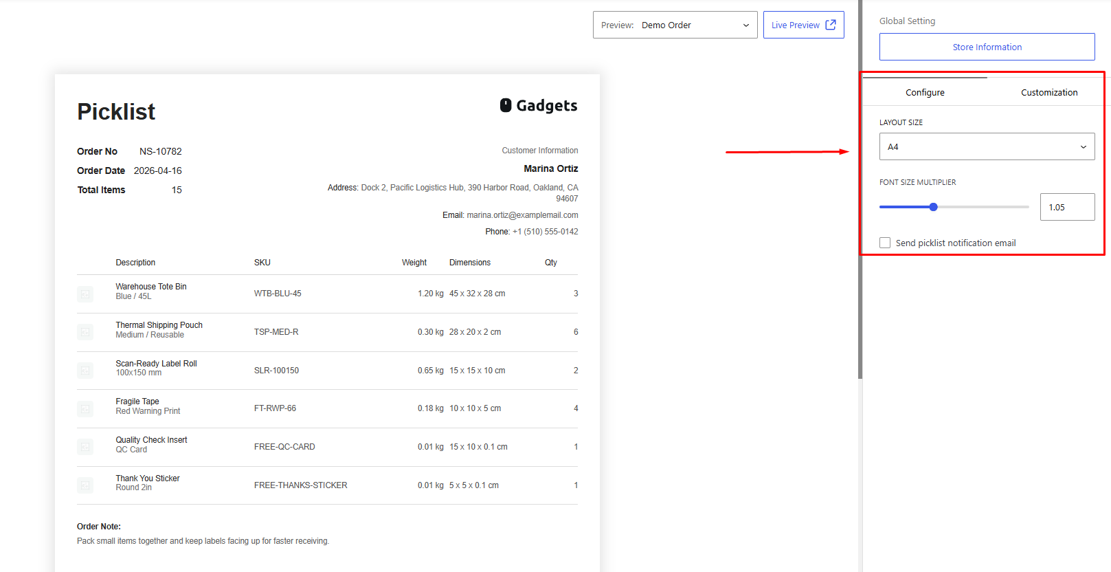 Screenshot of customizing layout and font size for Picklist template