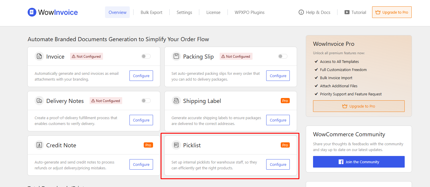 Screenshot of WowInvoice dashboard highlighting picklist