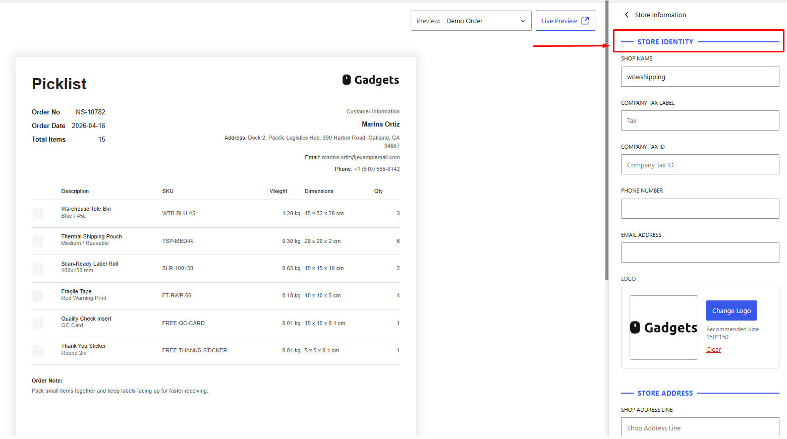 Screenshot of WowInvoice store settings