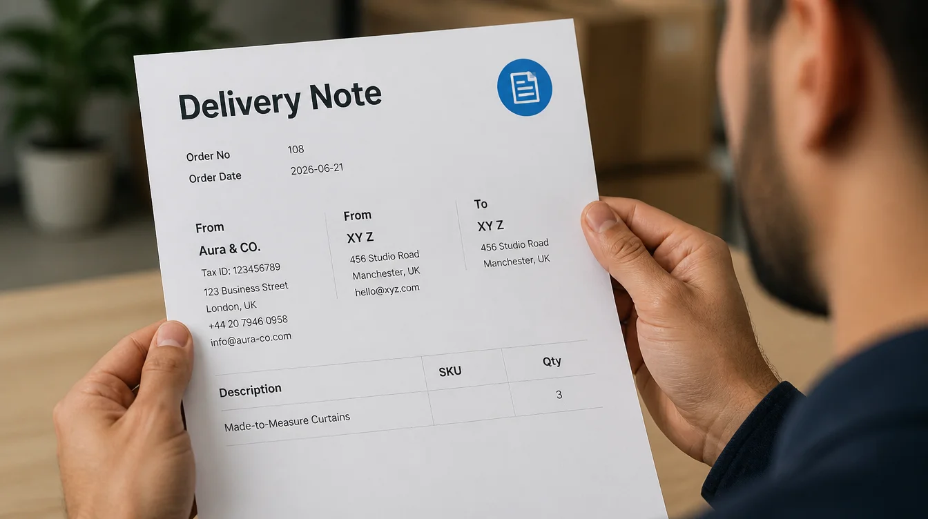 A person holding a printed Delivery Note document in their hands, showing order details for "Made-to-Measure Curtains" with stacked cardboard boxes blurred in the background.